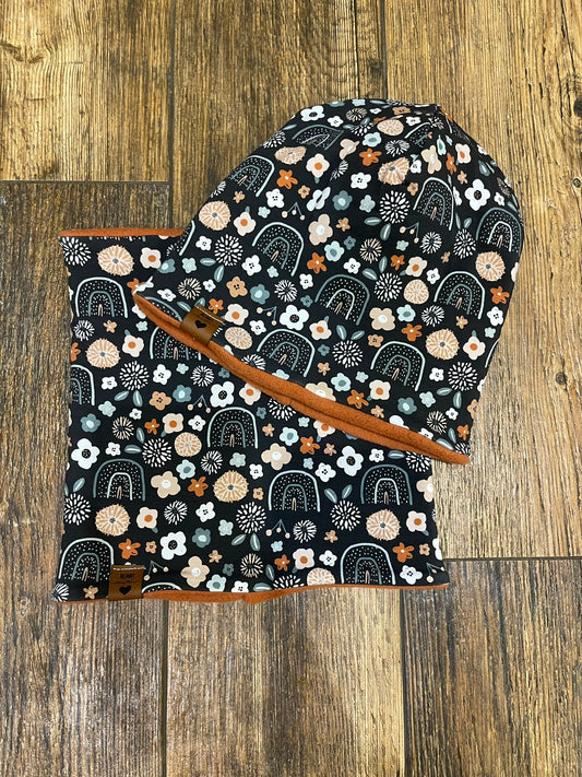 Beanie Loop Set warm schwarze Blumen KU 50